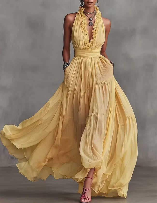 Halter Deep V-Neck Ruffle Trim Tiered Chiffon Maxi Dress 2