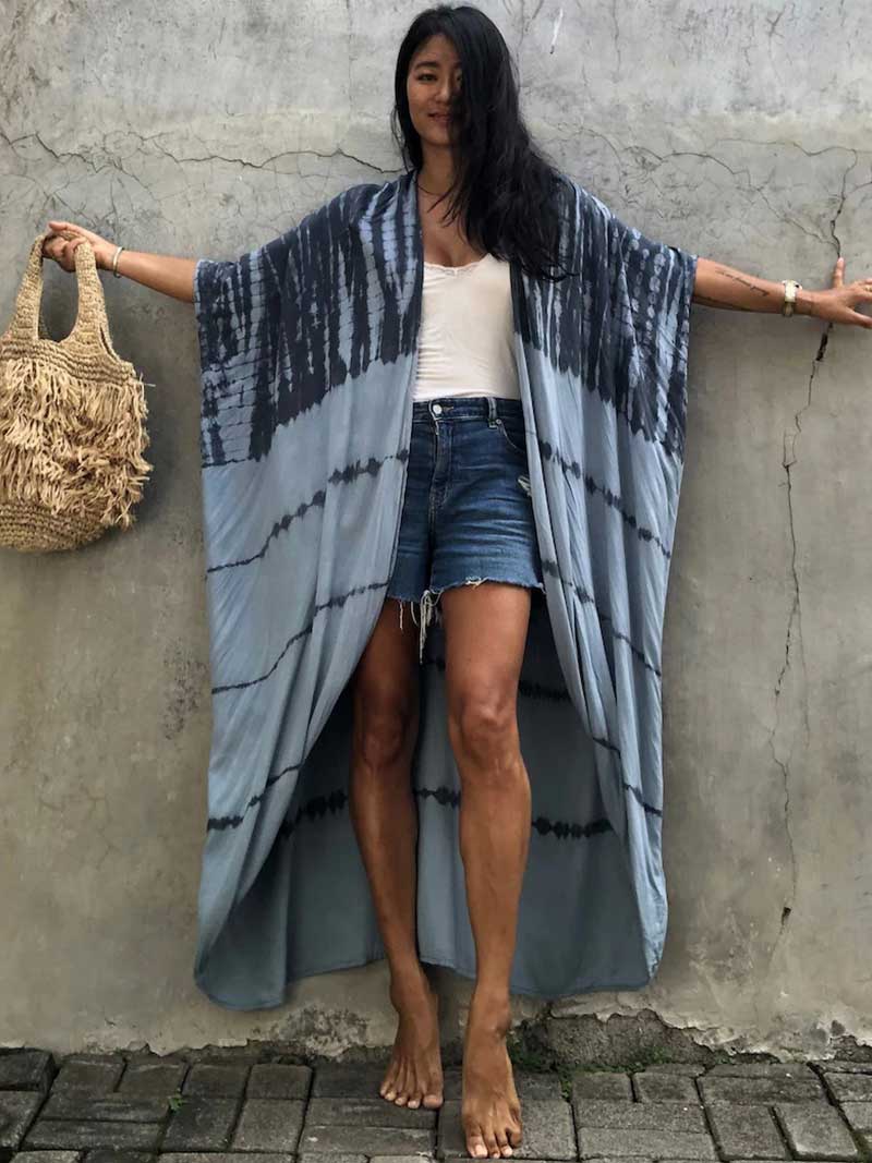 Tie-Dye Print Belted Short Sleeve Long Kimono Duster Robe 22