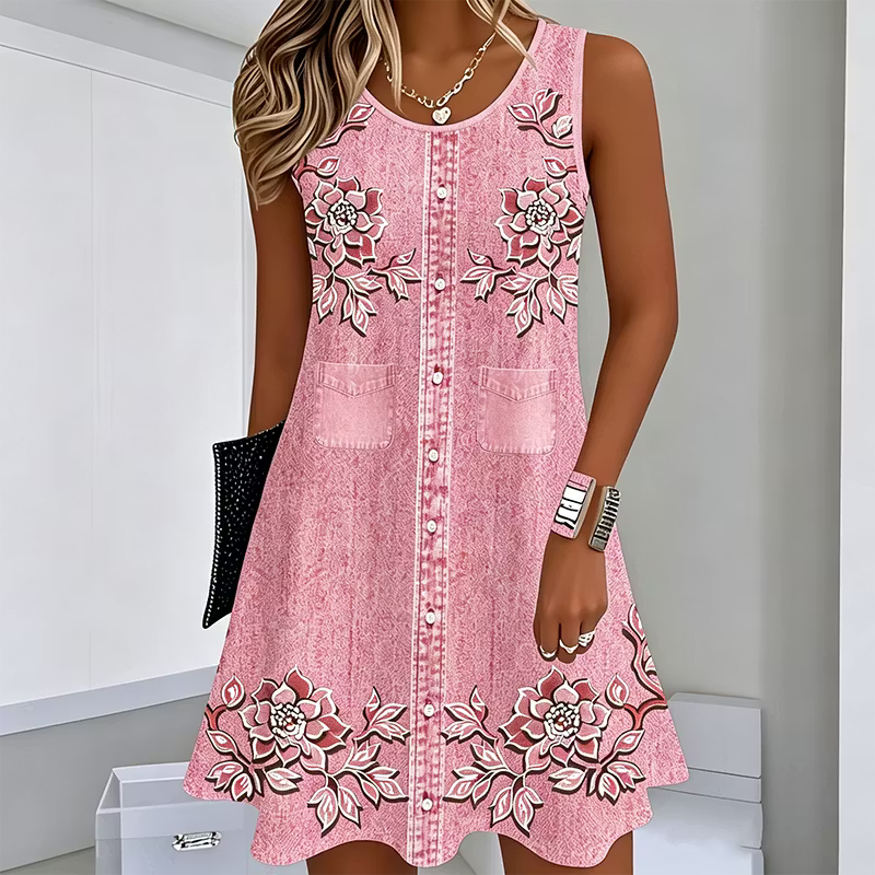 Round Neck Floral Print Button Front Pocket A-Line Mini Dress