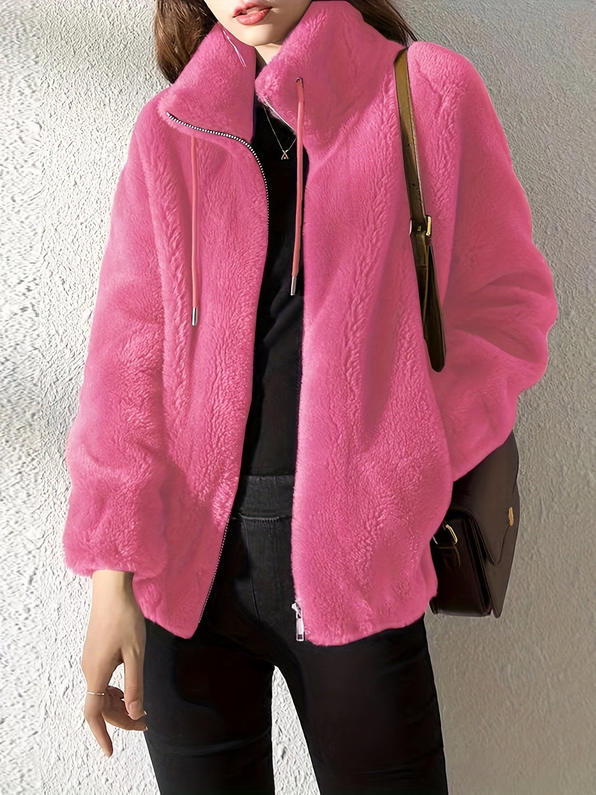 Stand Collar Zip Front Drawstring Fuzzy Fleece Jacket
