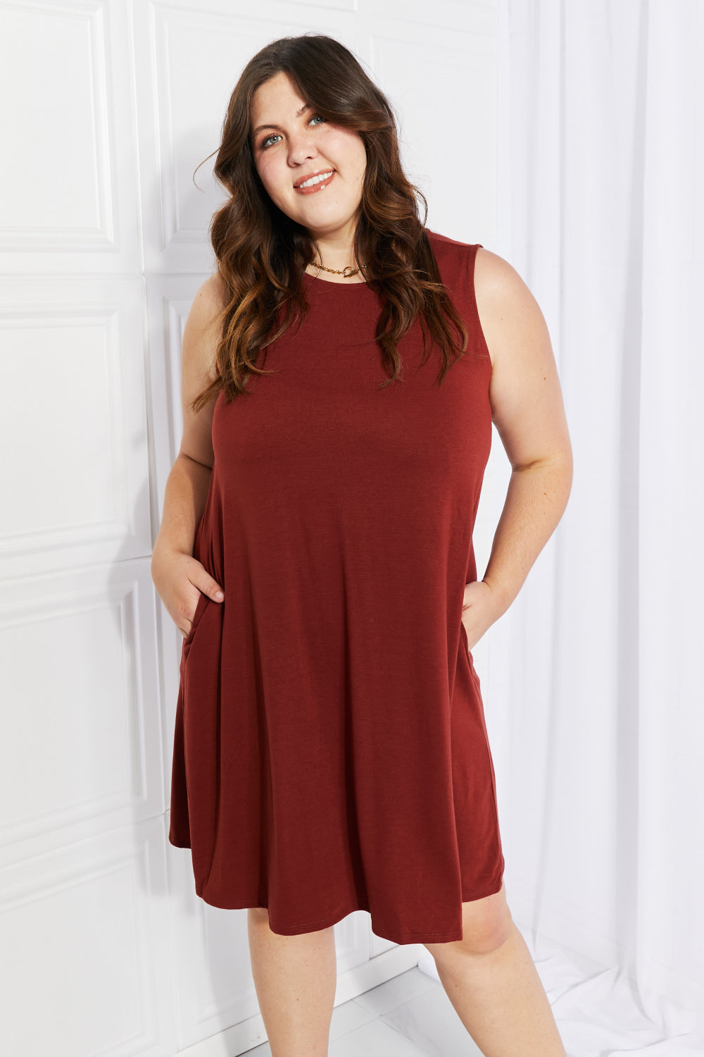 Dark Rust Round Neck Sleeveless Pocket Flowy Swing Mini Dress