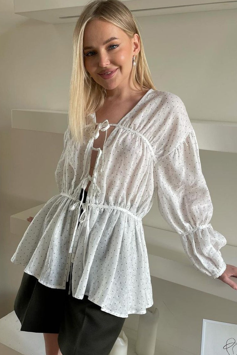 Loose Fit VNeck Tie Long Sleeve Crop Top