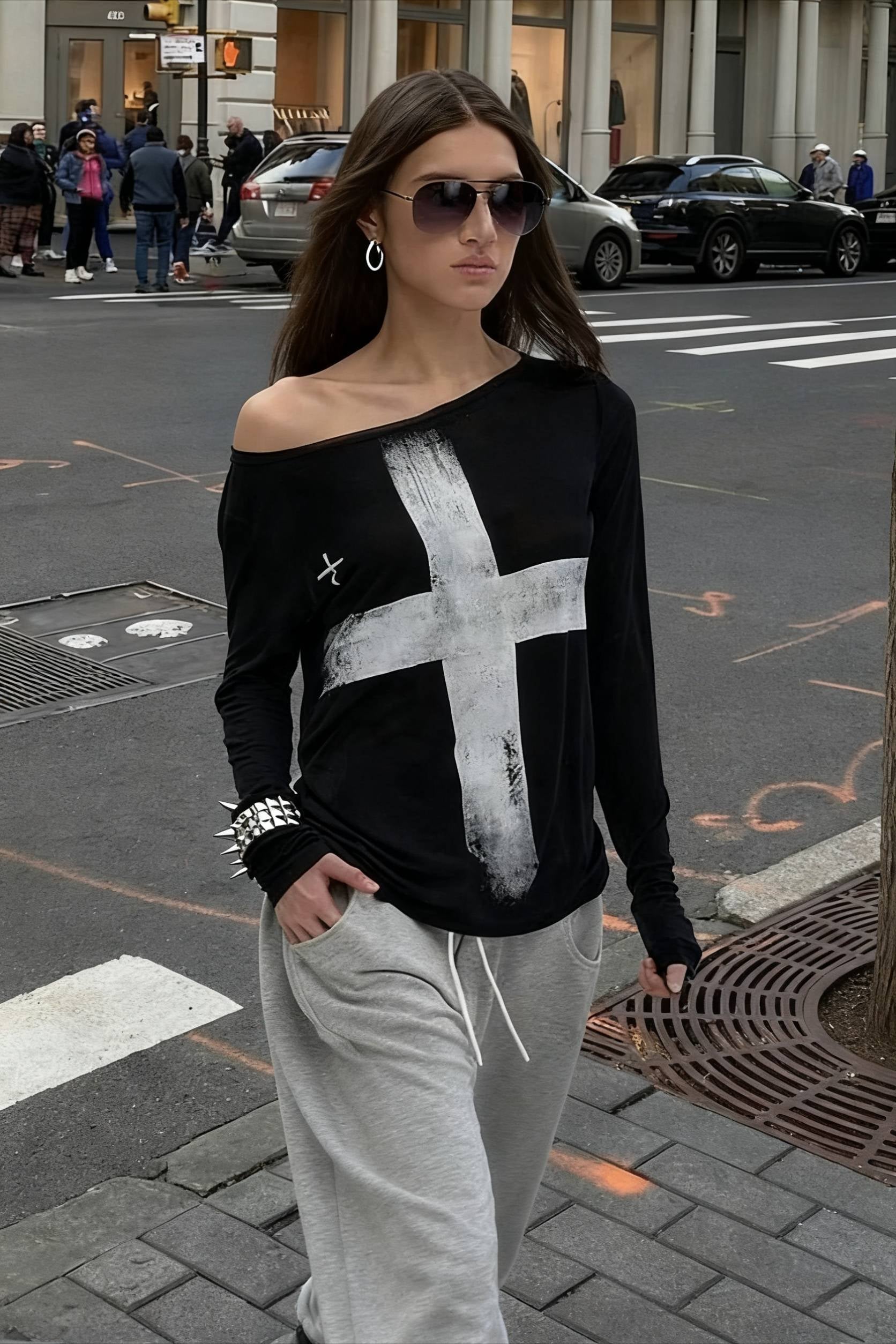 Cross Print Asymmetrical TShirt