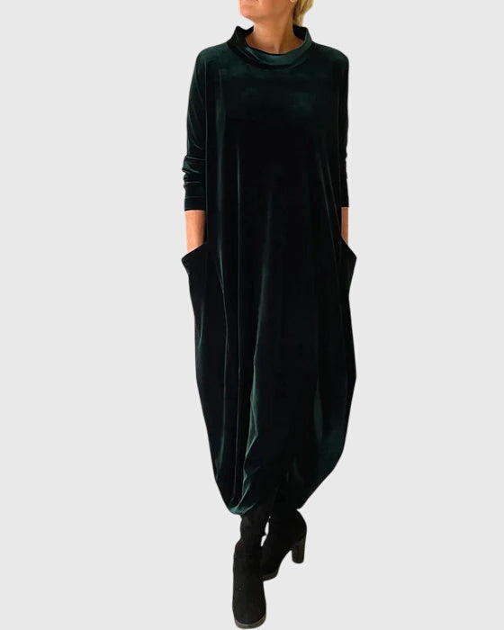 Mock Neck Velvet Long Sleeve Pocket Relaxed Midi Dress