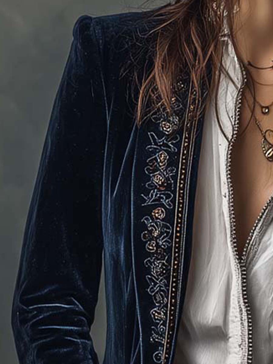 Stand Collar Embroidered Beaded Velvet Longline Blazer 6