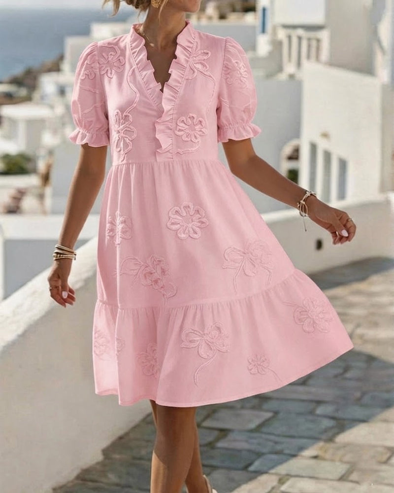 Ruffle V-Neck Floral Embroidered Puff Sleeve Tiered Mini Dress 10