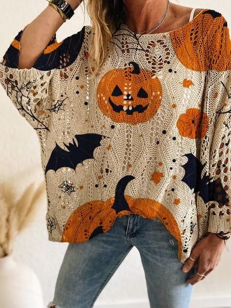 Halloween Pumpkin Print Long Sleeve Knit Top