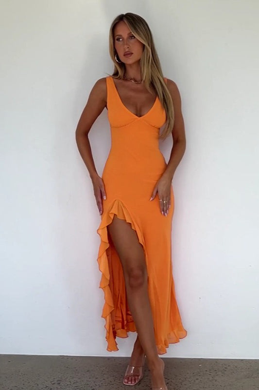 V-Neck Ruffled Slit Cami Midi Dress