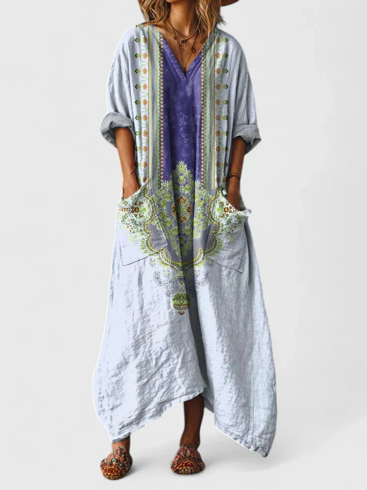 V-Neck Floral Embroidered Linen Pocket Loose Maxi Dress 8