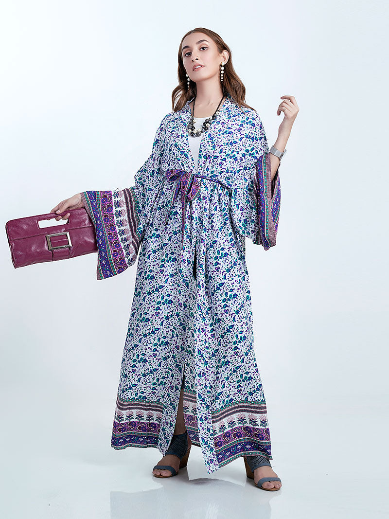 Ditsy Floral Print Wide Sleeve Bordered Long Kimono Robe