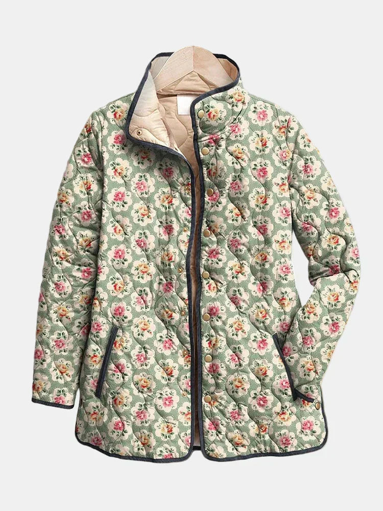 Multicolour Vintage Rose Floral Stand Collar Snap Button Quilted Jacket