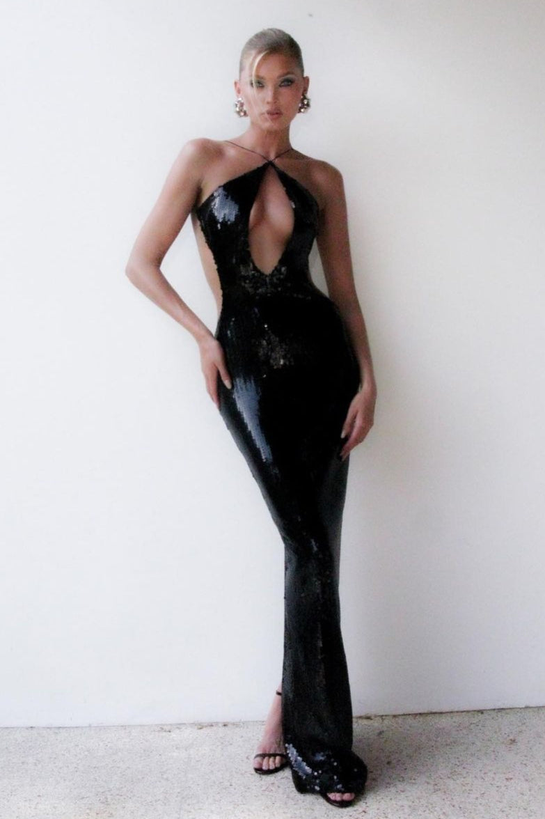 Black Cutout Waist Column Maxi Gown 6