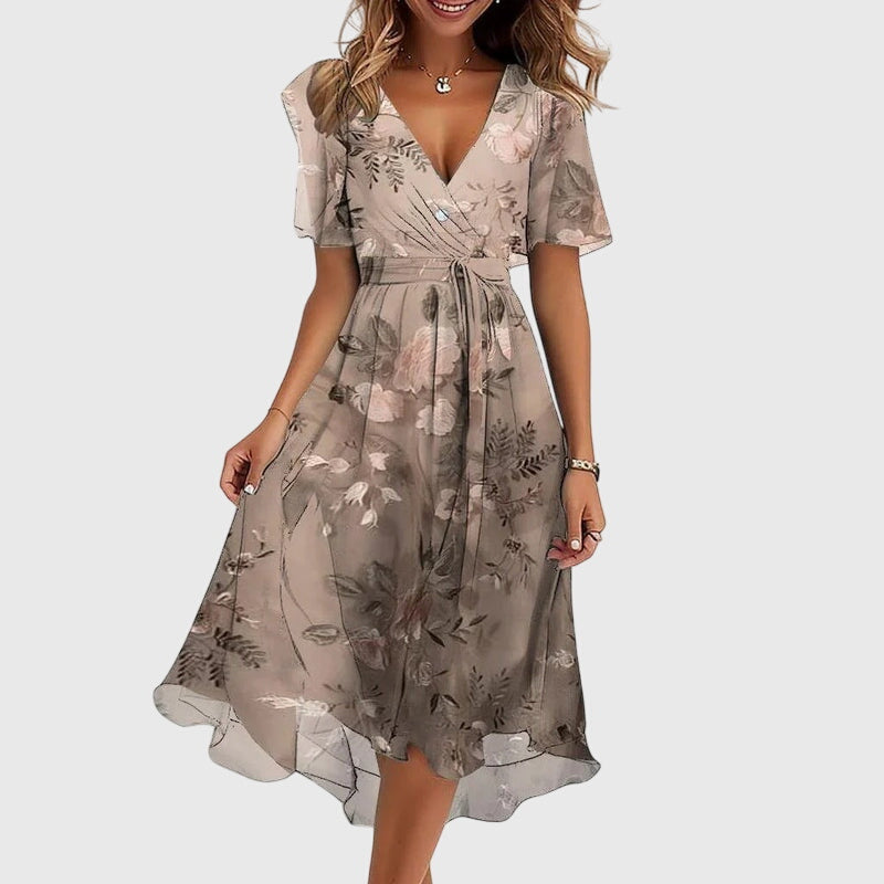 Surplice V-Neck Abstract Watercolor Print Flutter Sleeve Tie Waist Midi Dress