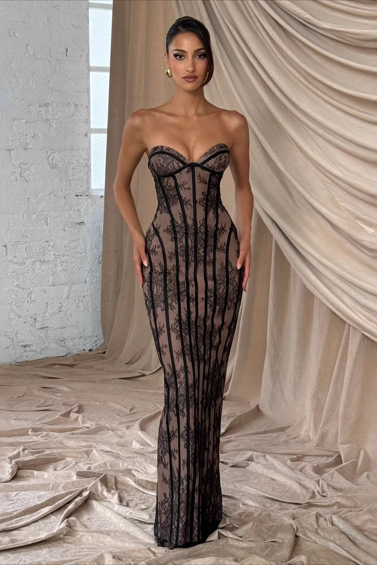 Lace Splice Tube Backless Maxi Slim Bodycon Dress