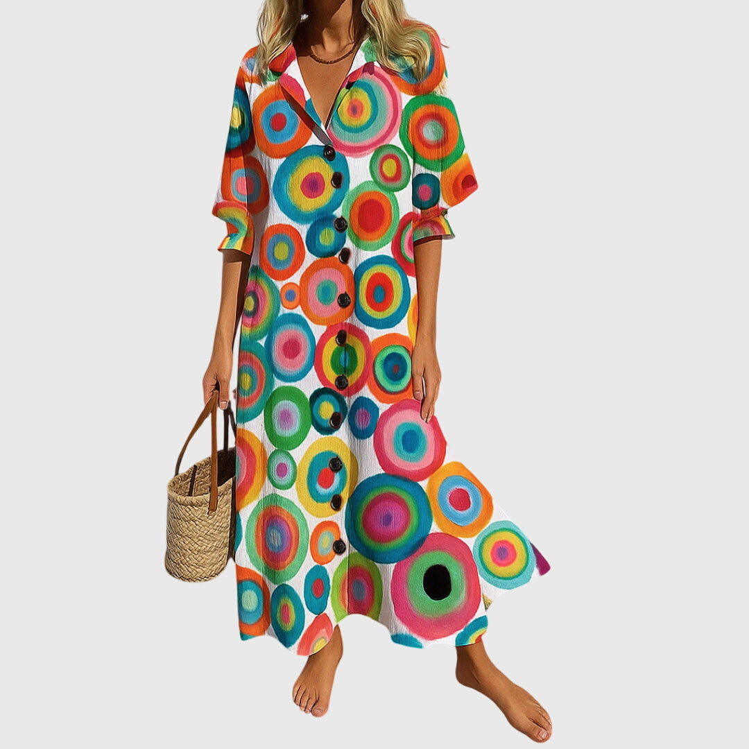 V-Neck Floral Print Button-Front Half Sleeve A-Line Maxi Dress