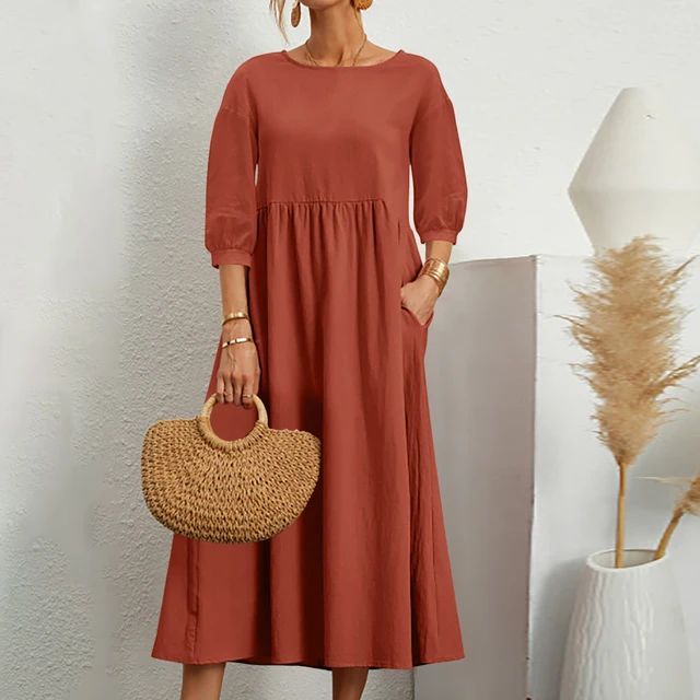 Round Neck Three Quarter Sleeve Babydoll Pocket Midi Dress 6