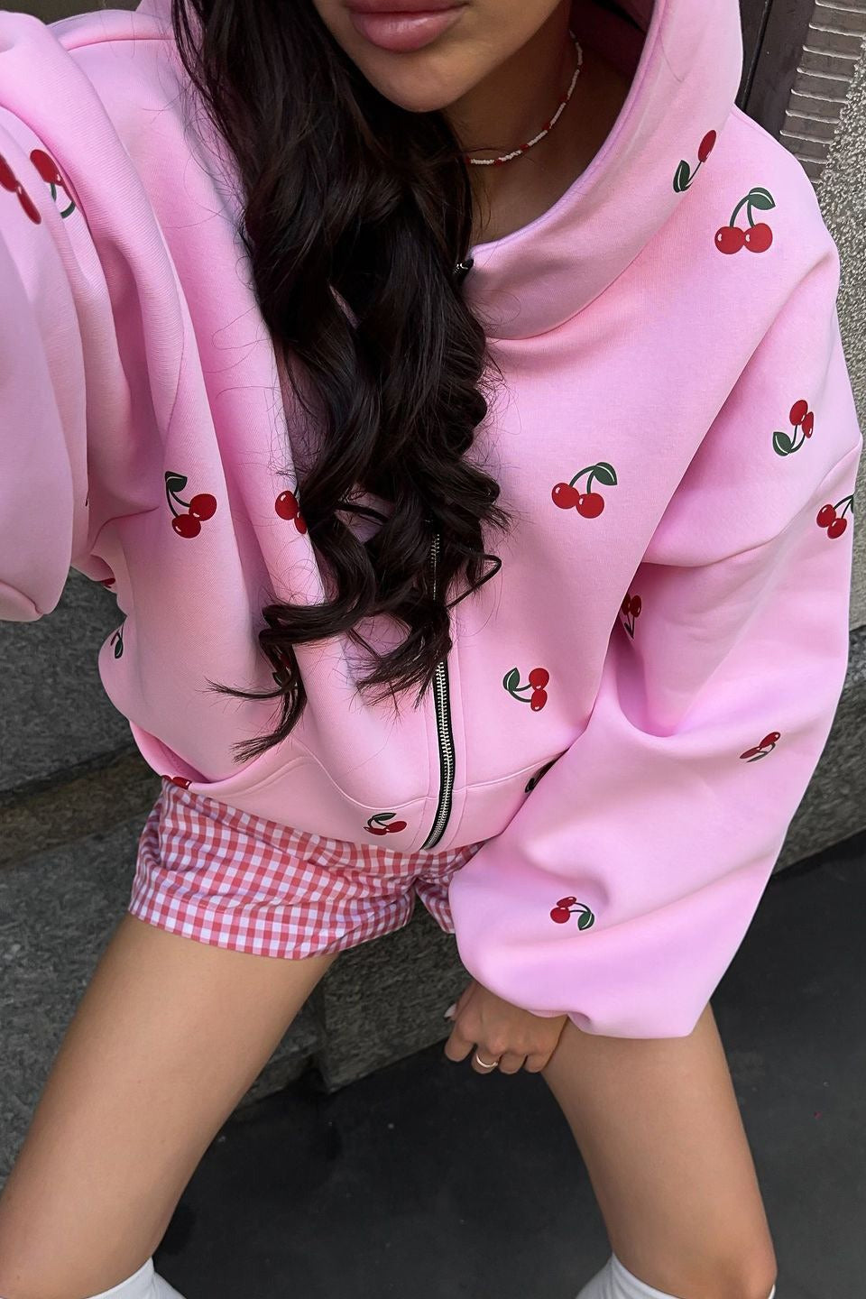 Cherry Print Loose Street Fashion Hoodie