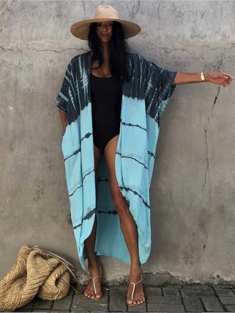 Tie-Dye Print Belted Short Sleeve Long Kimono Duster Robe 19