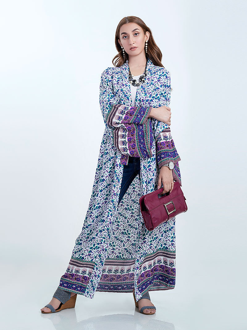 Ditsy Floral Print Wide Sleeve Bordered Long Kimono Robe