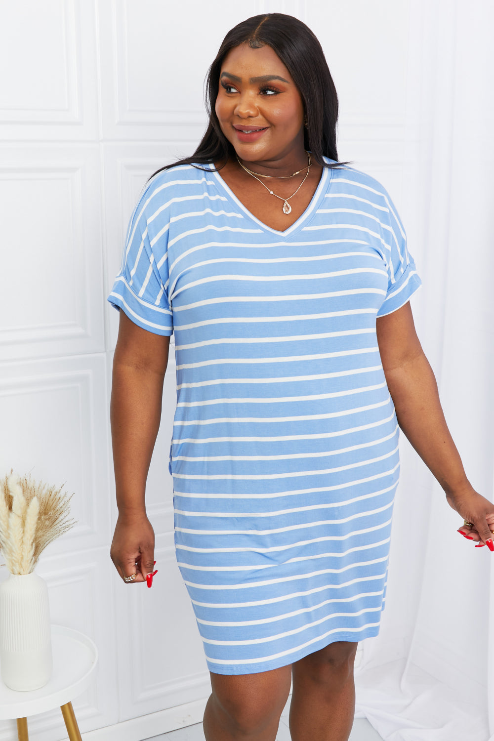 Spring Blue V-Neck Striped Short Sleeve Shift Midi Dress