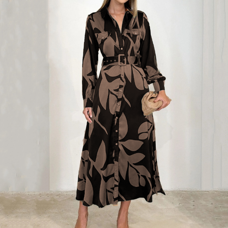 Collared Button Front Long Sleeve Leaf Print Belted Shirt Maxi Dress