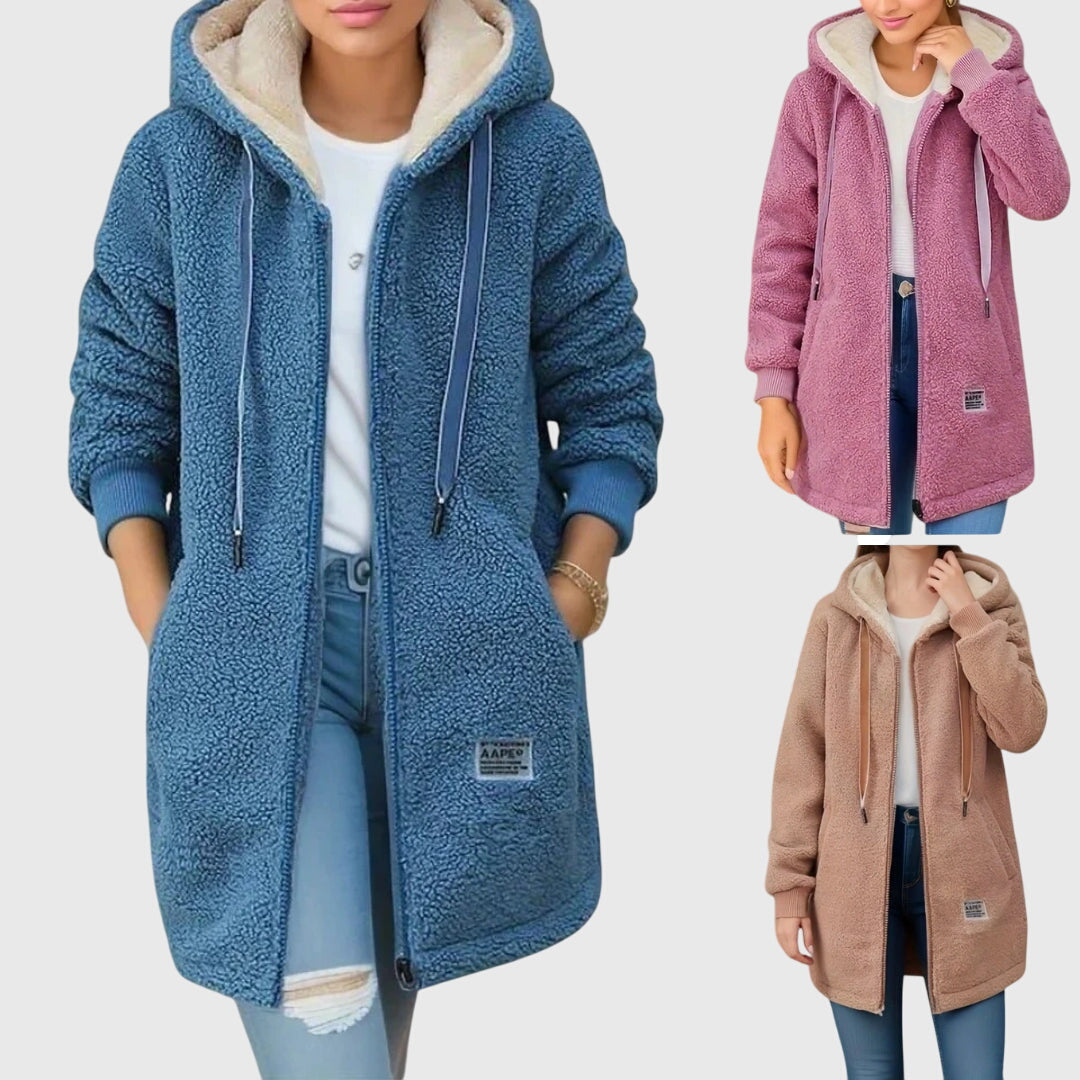Hooded Sherpa Fleece Drawstring Zip Up Longline Jacket