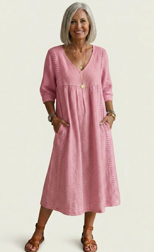 Square Neck Striped Button Long Sleeve Empire Maxi Dress