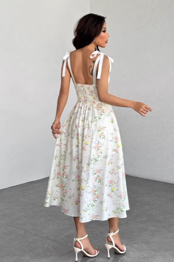 Spaghetti Strap Long Fitted Slim Floral Dress