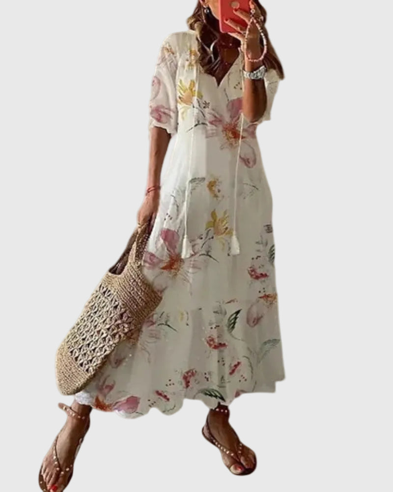 V-Neck Tassel Tie Ikat Print Short Sleeve Tiered Maxi Dress