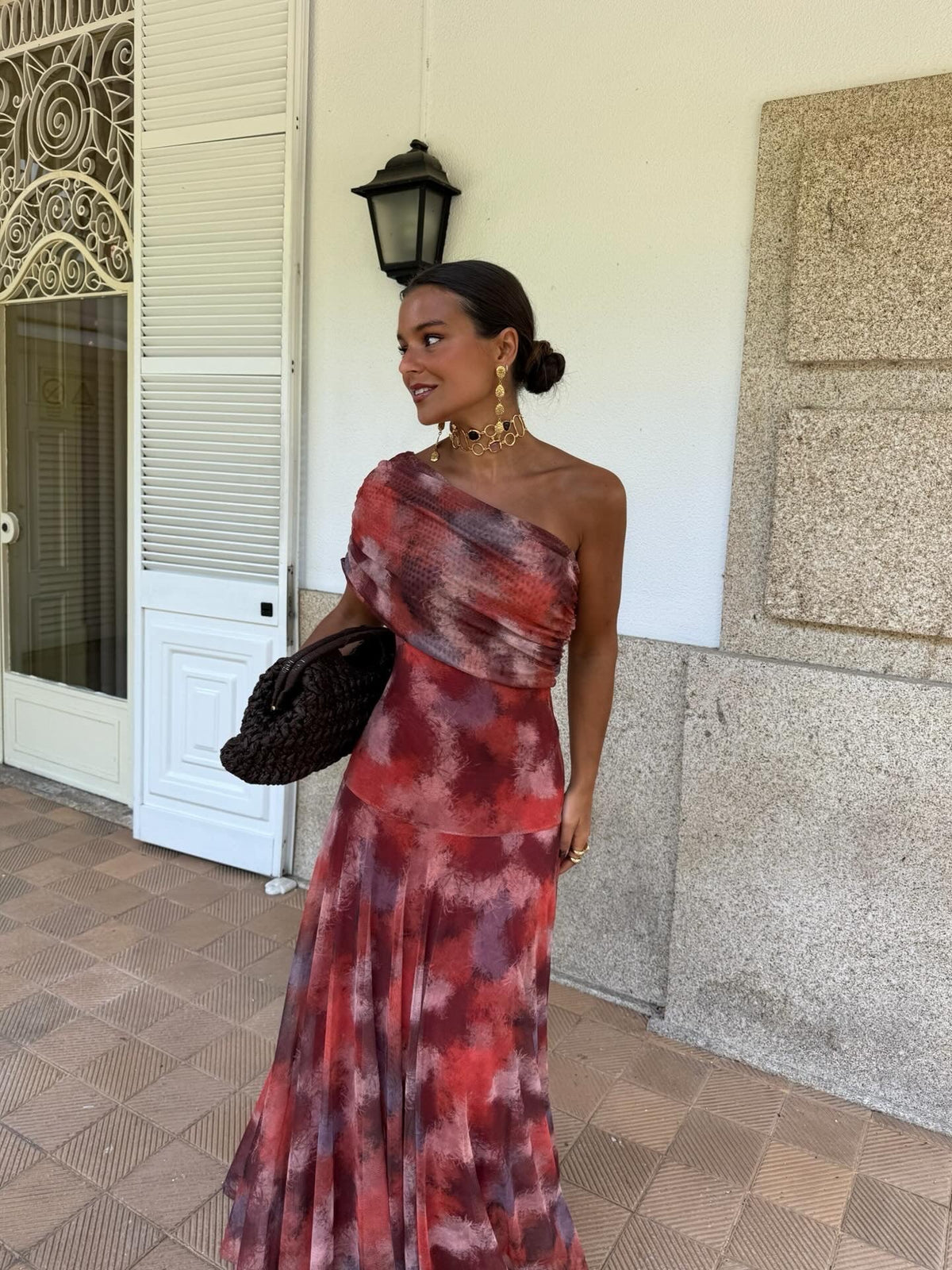 One-Shoulder Ruched Abstract Print Flowy Maxi Dress
