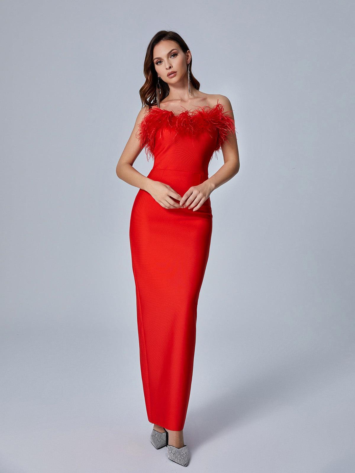 Strapless Feather Trim Bandage Bodycon Maxi Dress