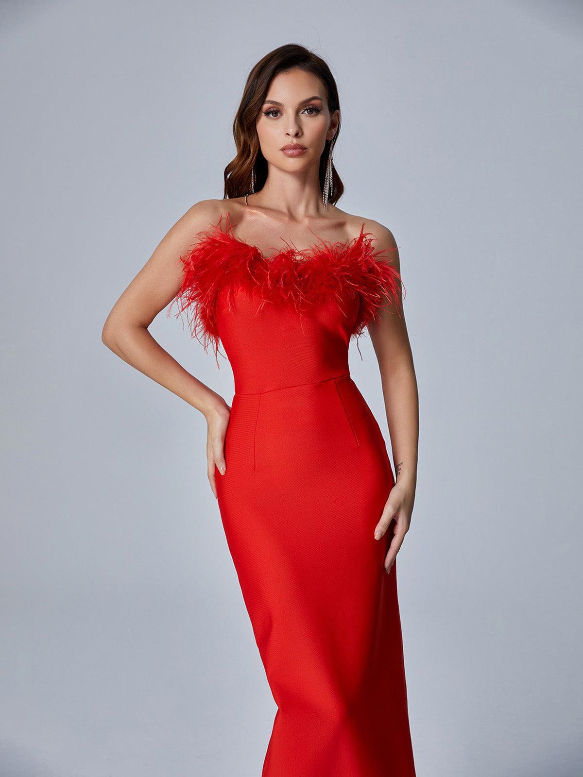 Strapless Feather Trim Bandage Bodycon Maxi Dress