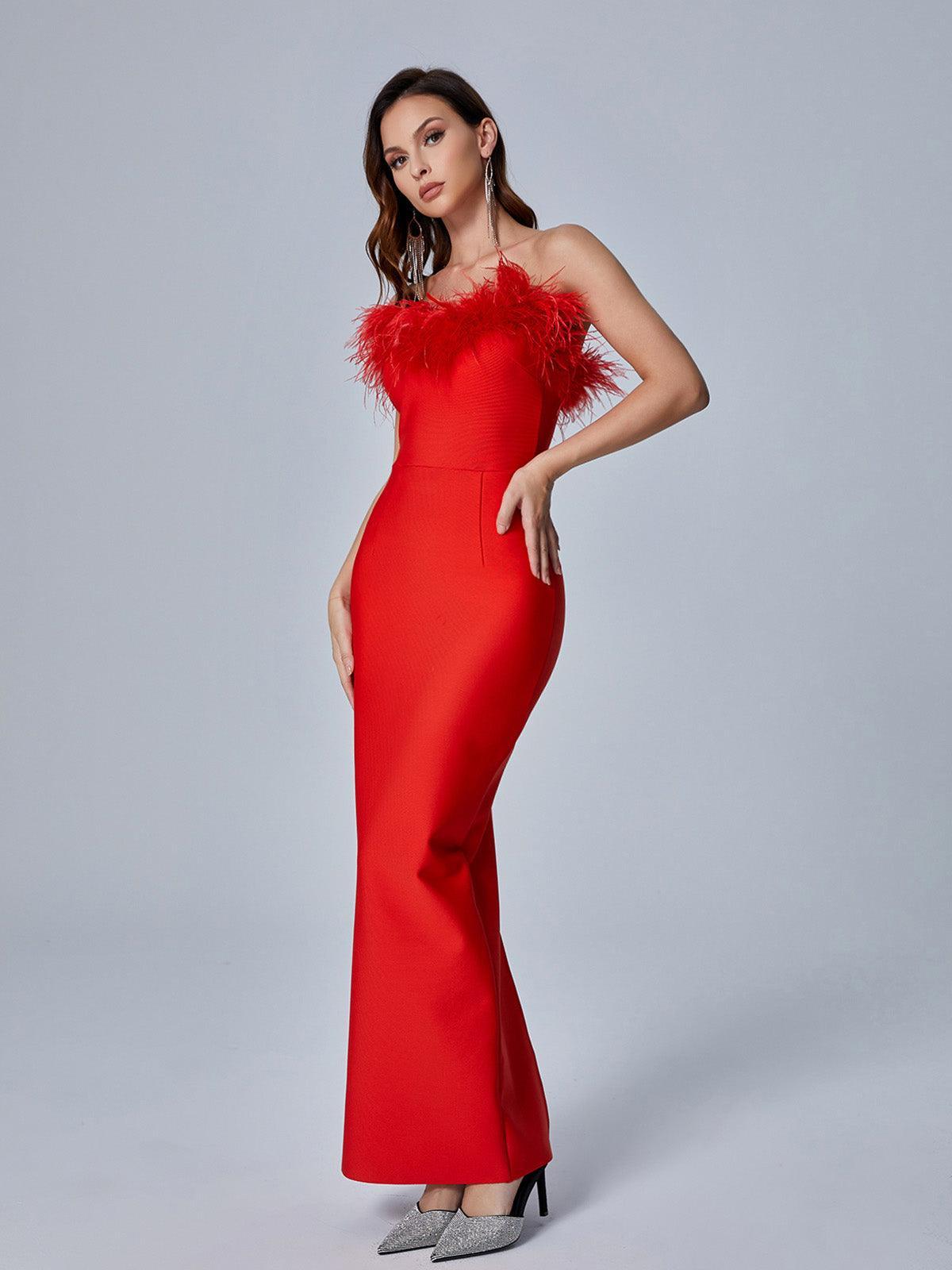 Strapless Feather Trim Bandage Bodycon Maxi Dress