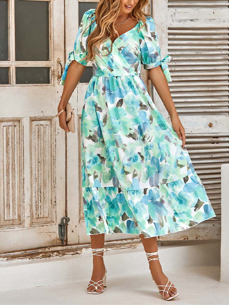 Sweet Short Sleeve Print Midi Dress