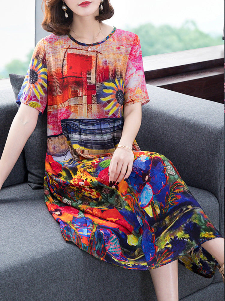 Round Neck Sunflower Floral Print Short Sleeve A-Line Midi Dress 3