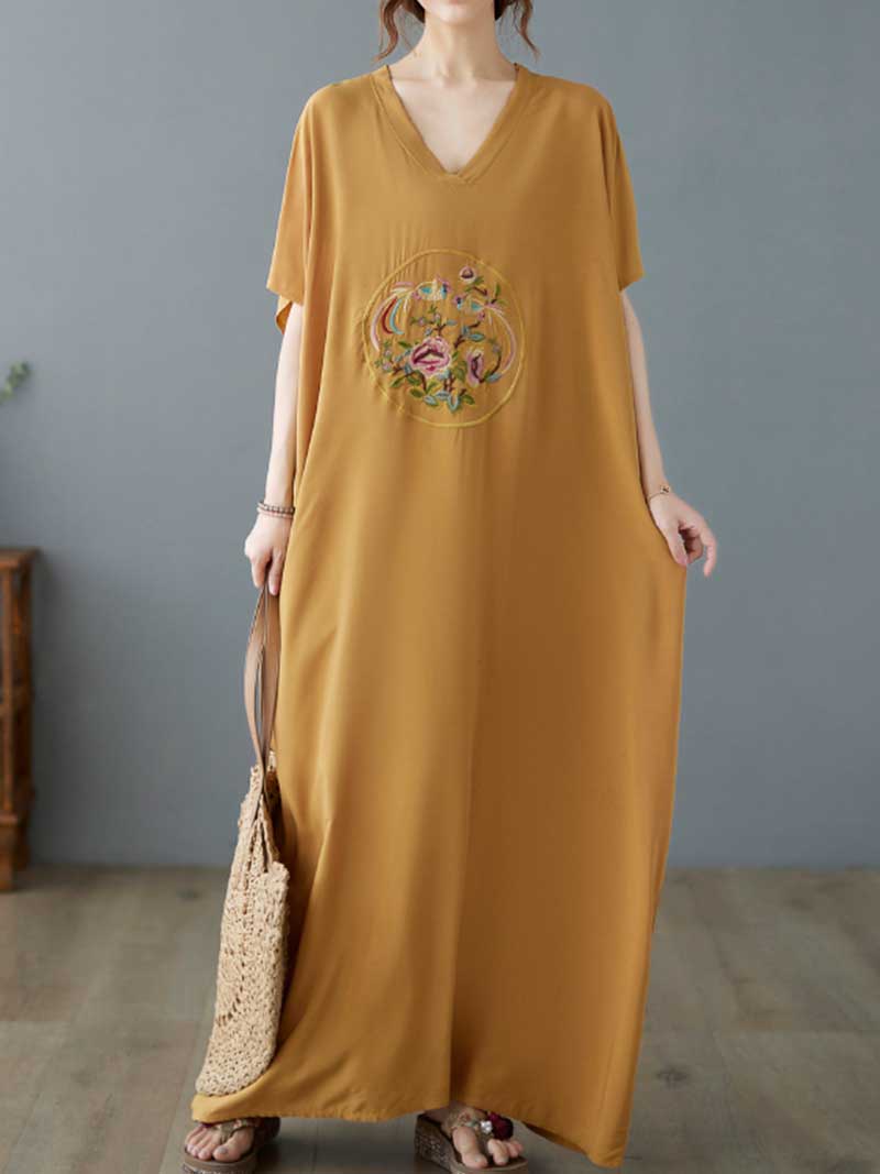 Yellow V-Neck Floral Embroidered Medallion Short Sleeve Loose Kaftan Maxi Dress