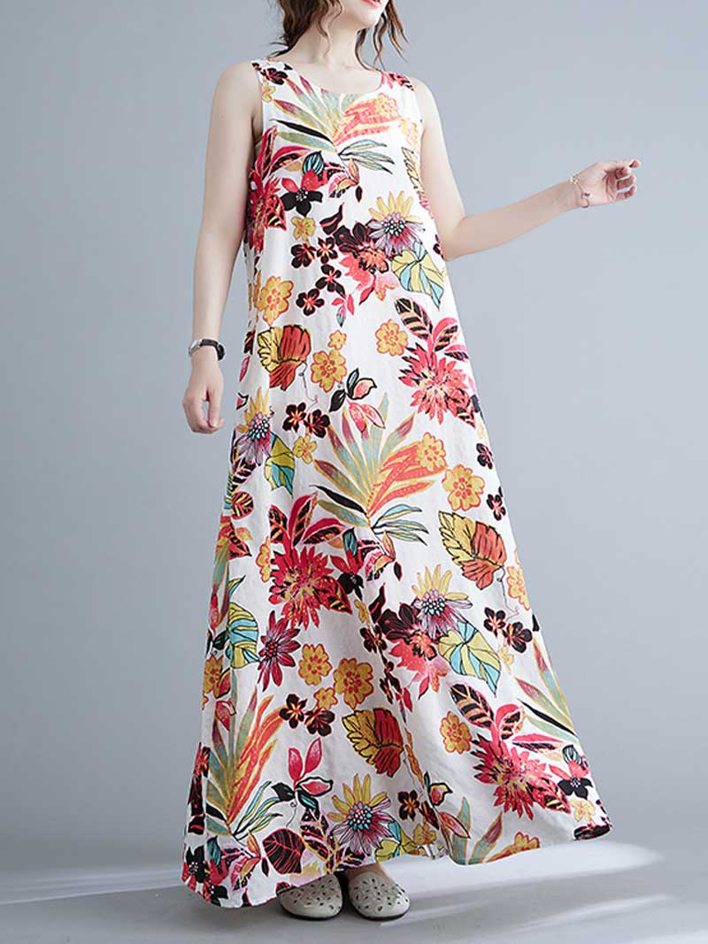 Round Neck Sleeveless Tropical Floral Print Loose A-Line Maxi Dress