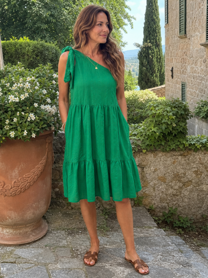 Green One Shoulder Tie Bow Tiered A-Line Midi Dress 5