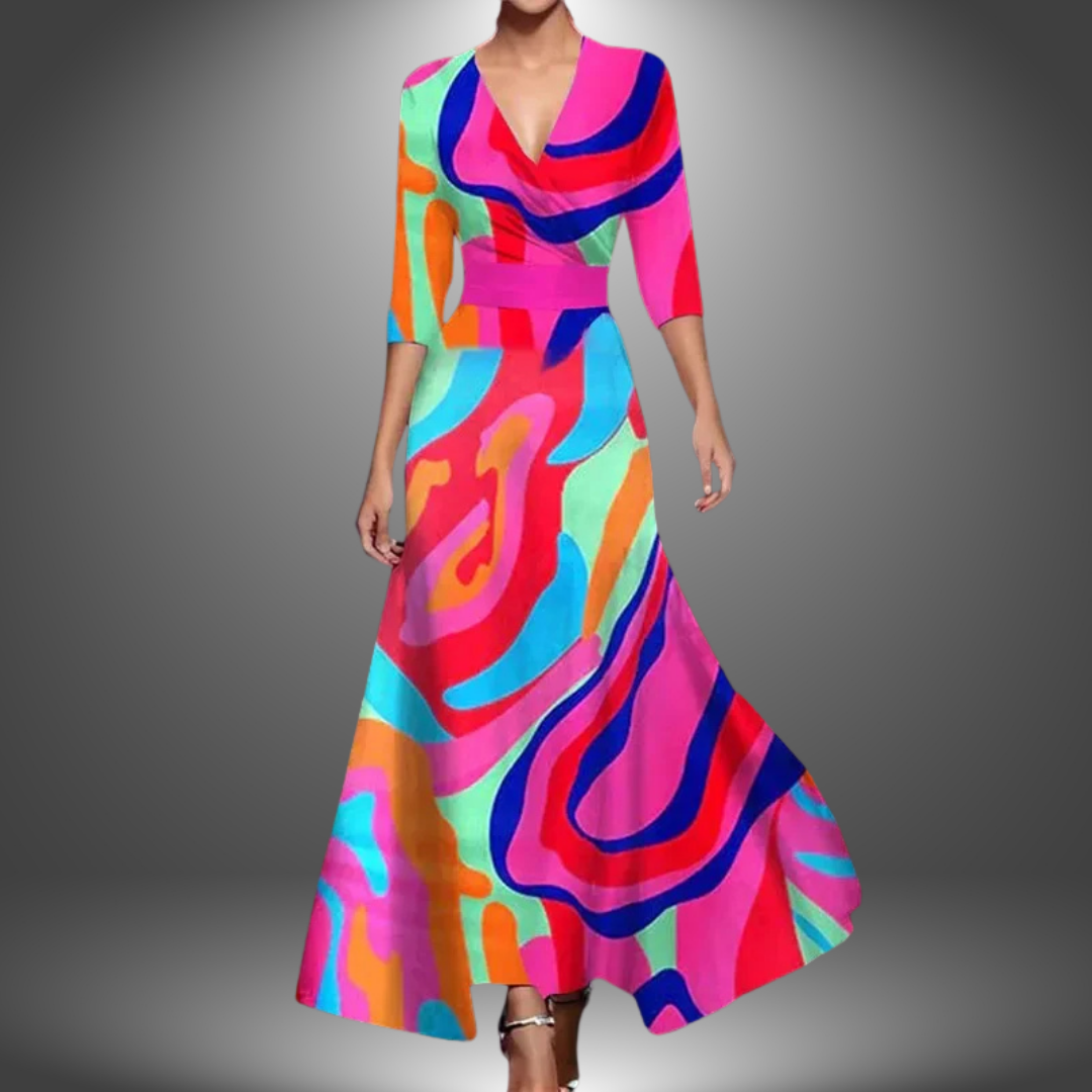 Surplice V-Neck Floral Print Three Quarter Sleeve A-Line Maxi Dress