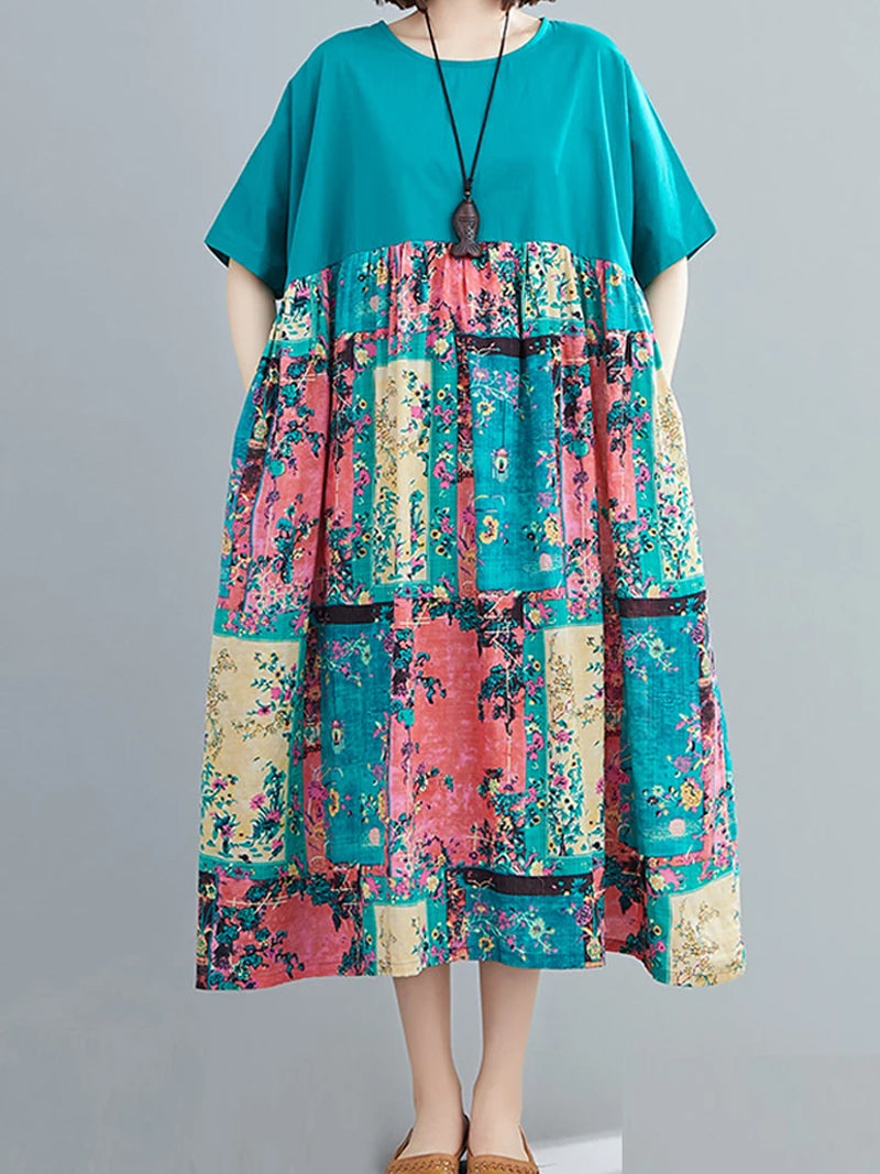 Round Neck Short Sleeve Floral Patchwork Print Smock Midi Dress