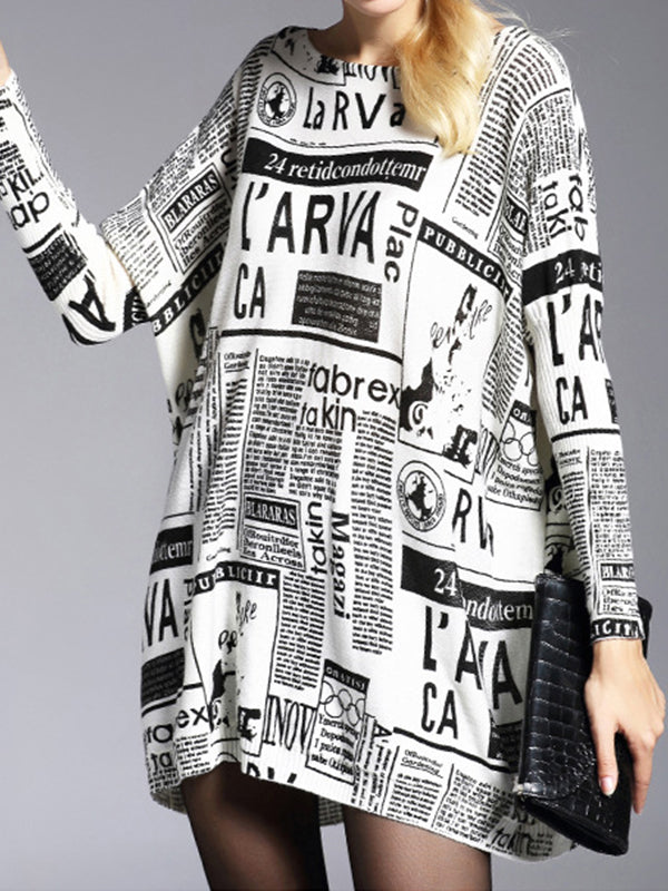Round Neck Newspaper Print Oversized Loose Knit Sweater 3