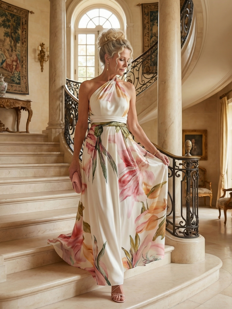 Halter Neck Twist Floral Print Satin A-Line Gown 7