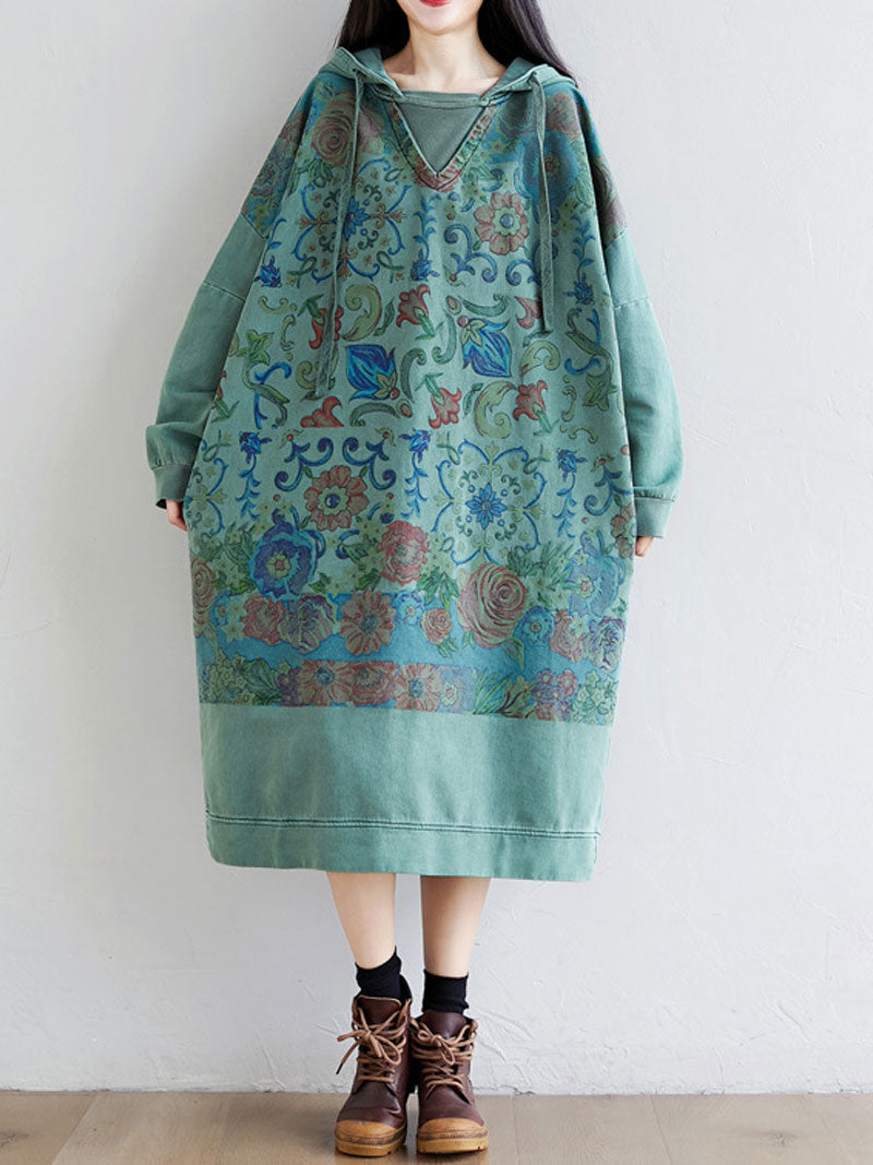Hooded Floral Print Long Sleeve Loose Midi Dress 2