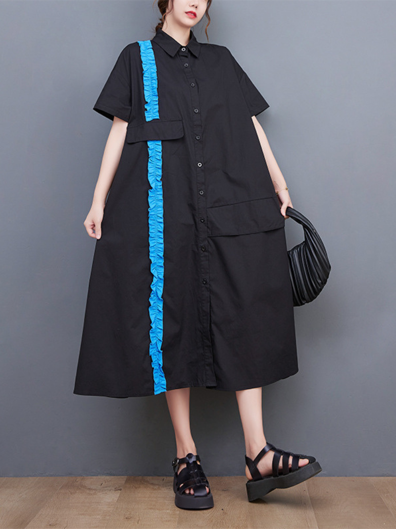 Black Collared Button-Up Ruffle Trim Short Sleeve Shirt Midi Dress