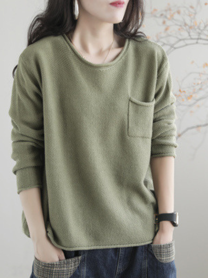 Round Neck Patch Pocket Long Sleeve Loose Knit Sweater