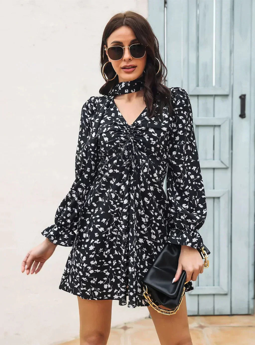 Patterned Arm Flared Flowered Gown With V-Neck Chiffon Drawstring L / Black Dresses