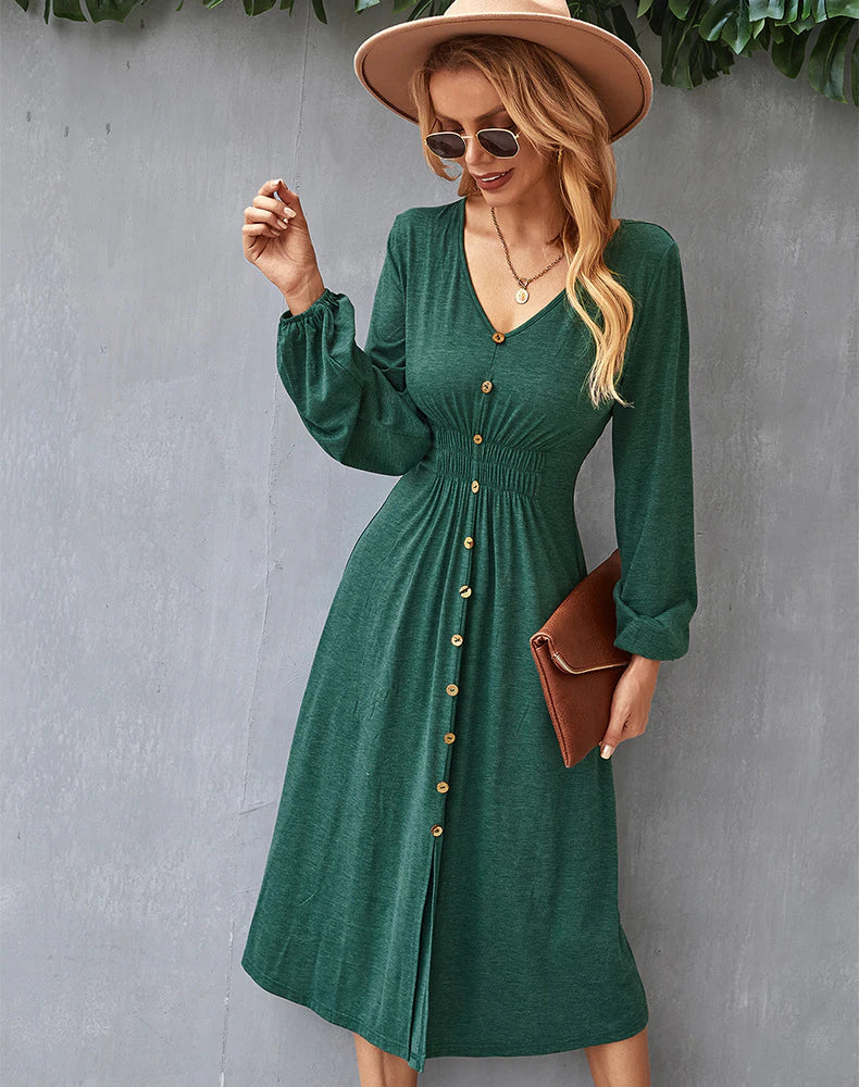 V-Neck Long Sleeve A-Line Dress S / Gray