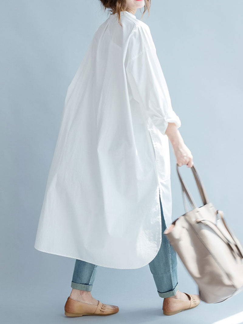 White Band Collar Button Front Long Sleeve Loose High-Low Shirt Dress 6