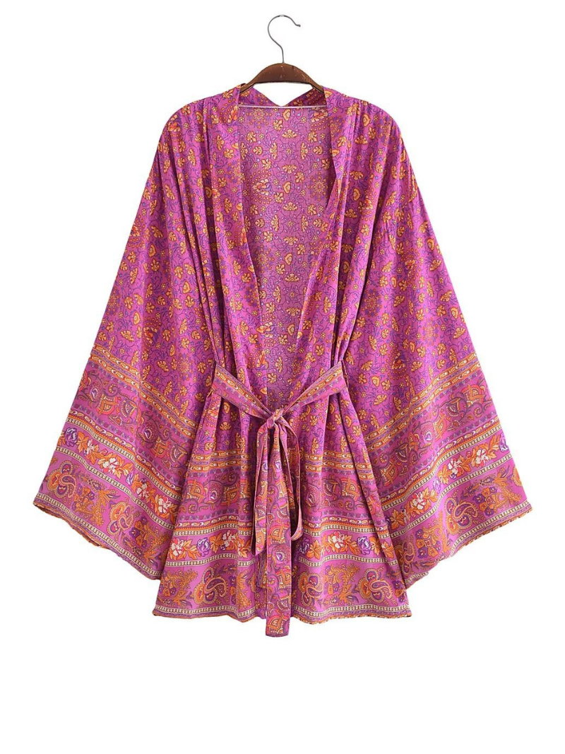 Paisley Floral Print Border Bell Sleeve Short Kimono 5