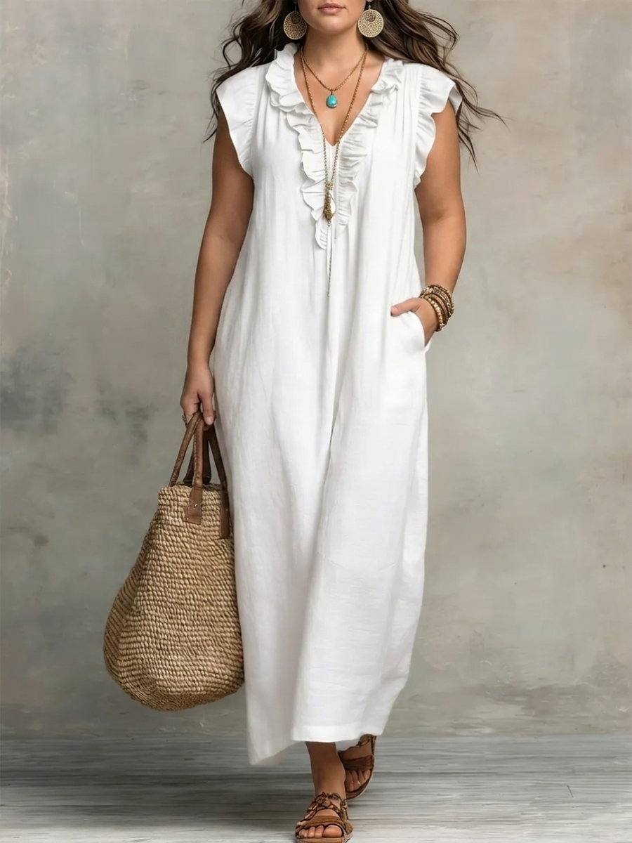 Ruffle V-Neck Flutter Sleeve Linen Relaxed Maxi Dress 10